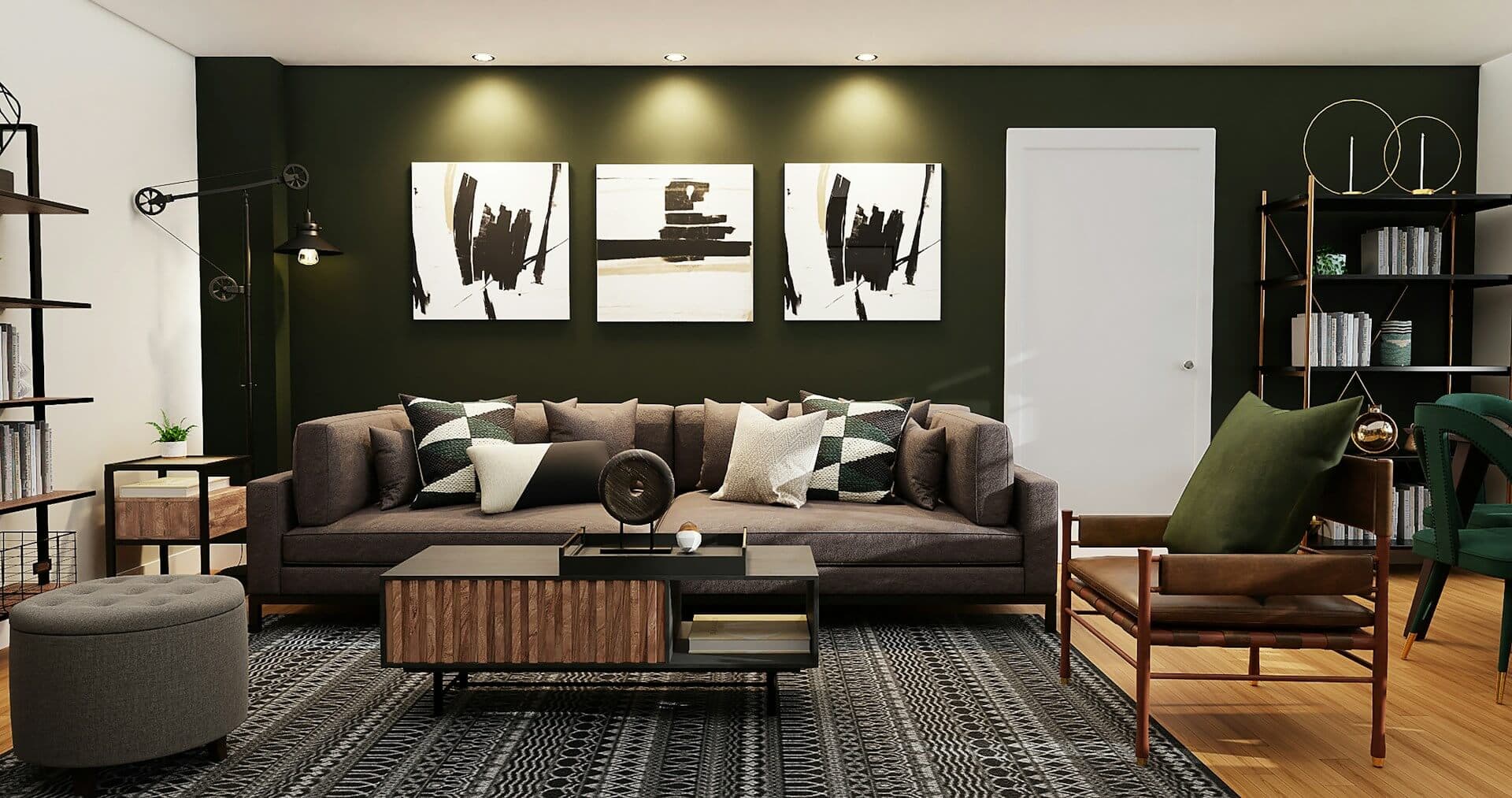 Bright living room with plants and an orange armchair