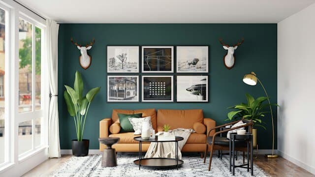 Elegant lounge with green armchairs and natural light